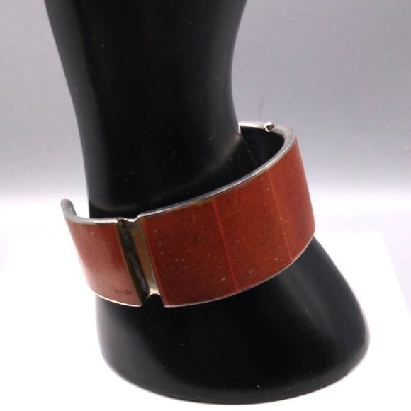 Vintage Coral Cuff Bracelet, Adjustable Made in Philippines, Inlaid Panels - Picture 3 of 6
